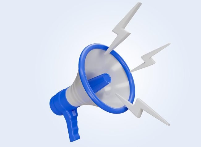Blue and white megaphone announcement