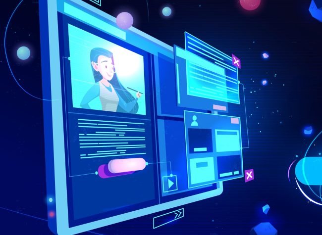 Website development banner, computer technology, monitor with open browser page and woman profile on screen, futuristic background in neon glowing colors. Cartoon vector illustration, landing page